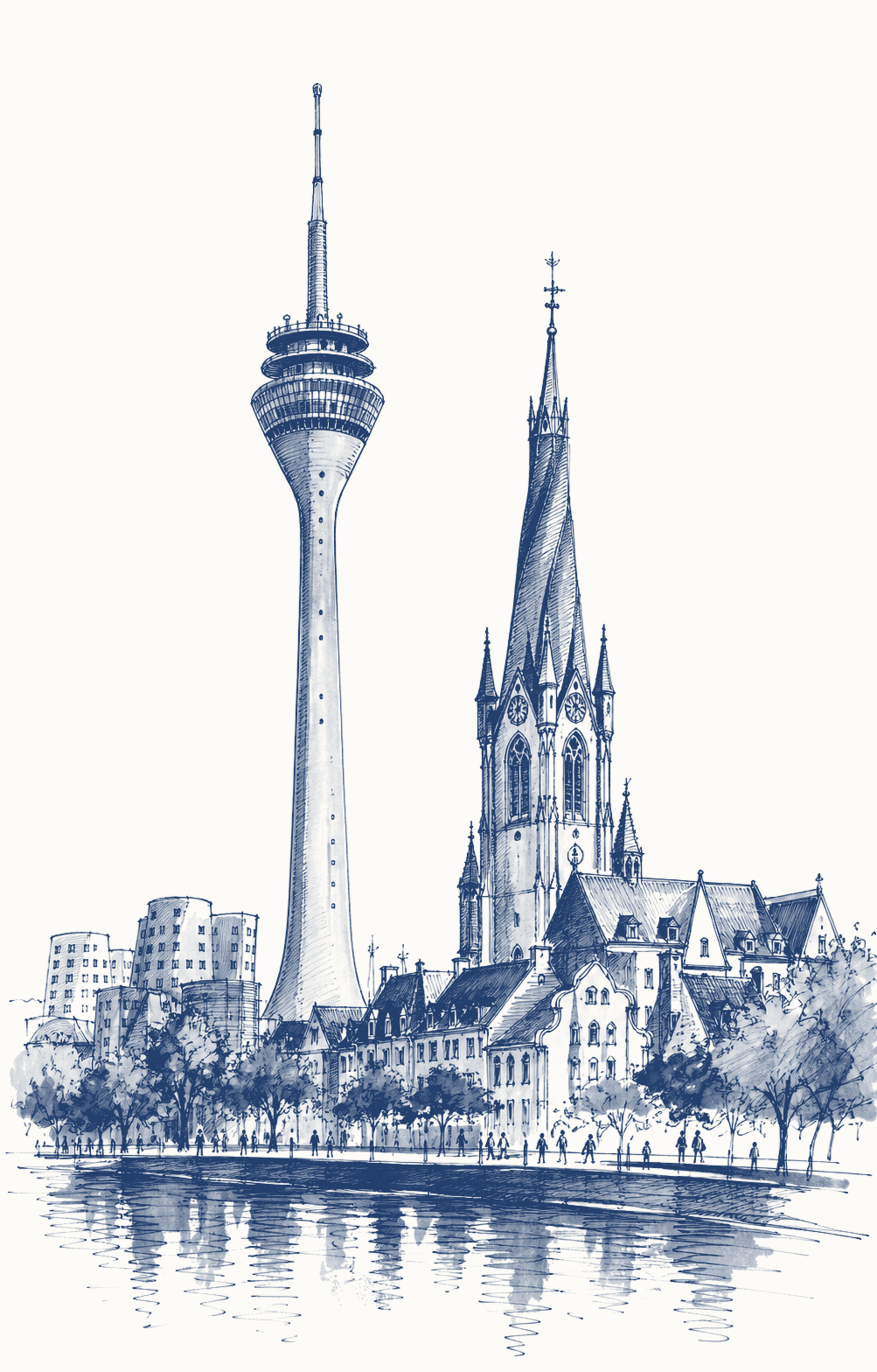 Tuschezeichnung der Düsseldorfer Silhouette mit Rheinturm und St. Lambertus